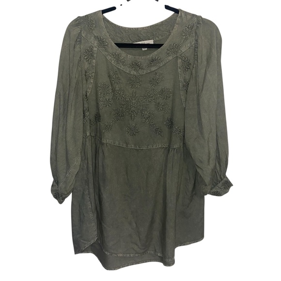 Solitaire Top Womens Medium Blouse Shirt Boho Grunge Embroidered Fairy Olive Art - Picture 1 of 12